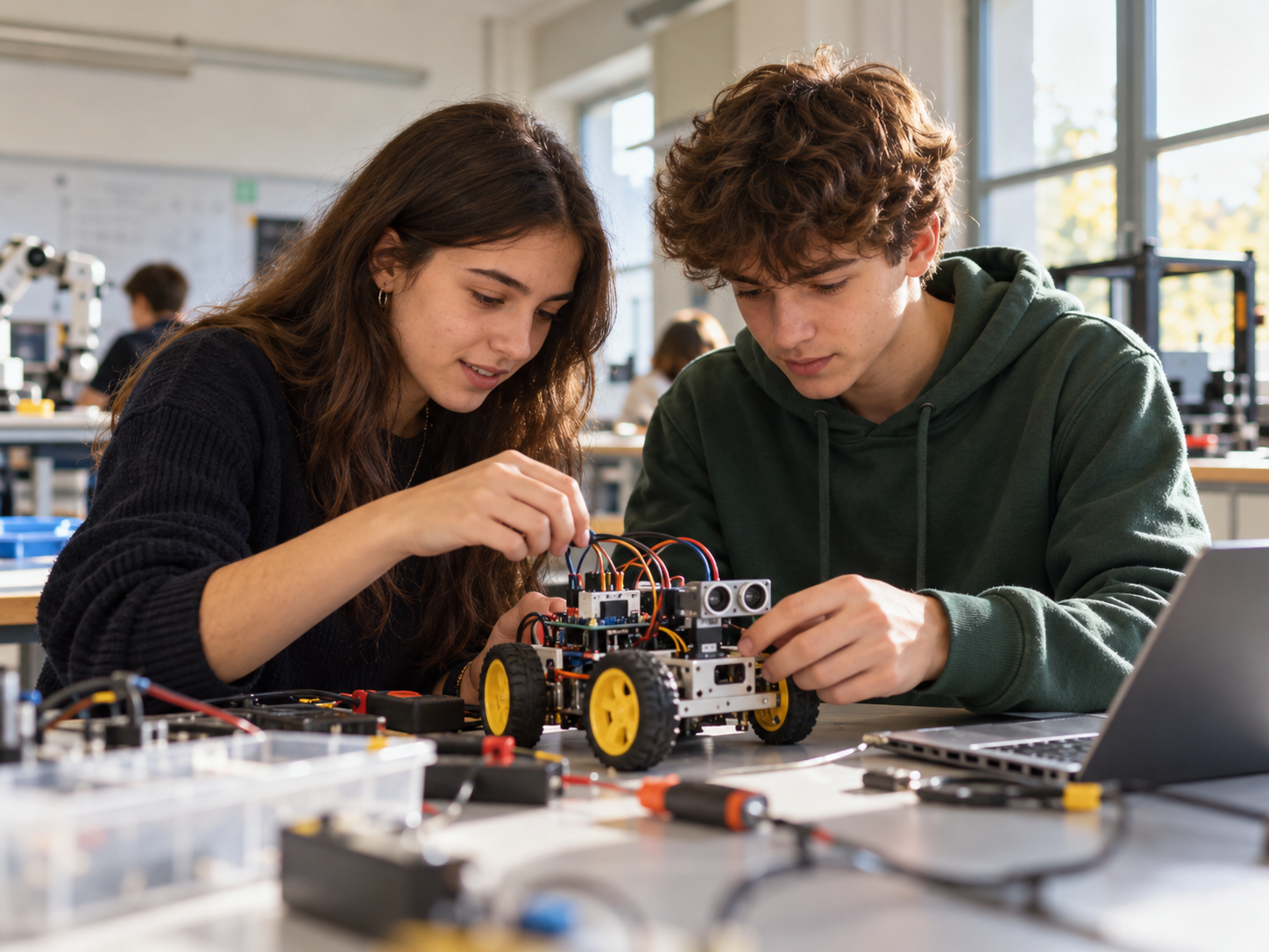 Studenti al lavoro in un laboratorio di robotica
